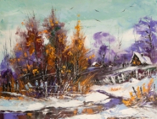 树木雪中风景油画图片