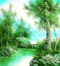 水边树木风景油画