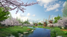 蓝天白云草地河边桃园景观设计图片
