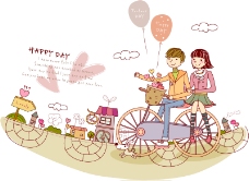 彩绘骑单车的情侣插画矢量素材.