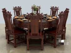 餐桌组合古典中式实木餐桌椅组合3D模型素材