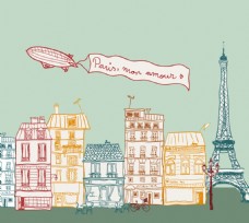 巴黎风景彩绘巴黎街道风景矢量素材