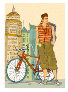 建筑高楼男孩与自行车